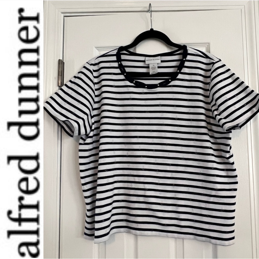 alfred dunner sea anchors Beaded Short-Sleeve Tee size blue and white XL